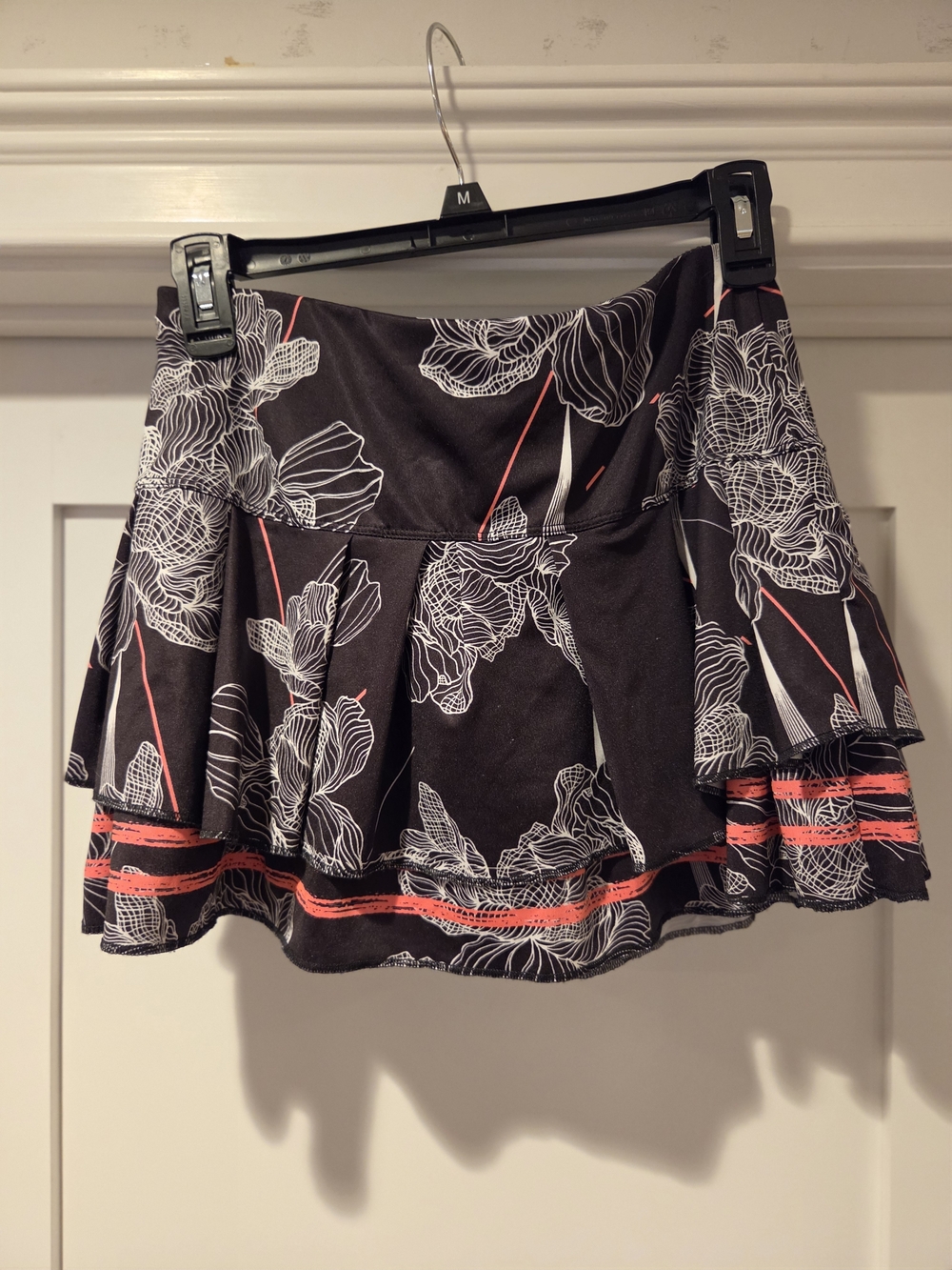 Lucky in Love Black Floral Tennis Skirt with Coral Trim